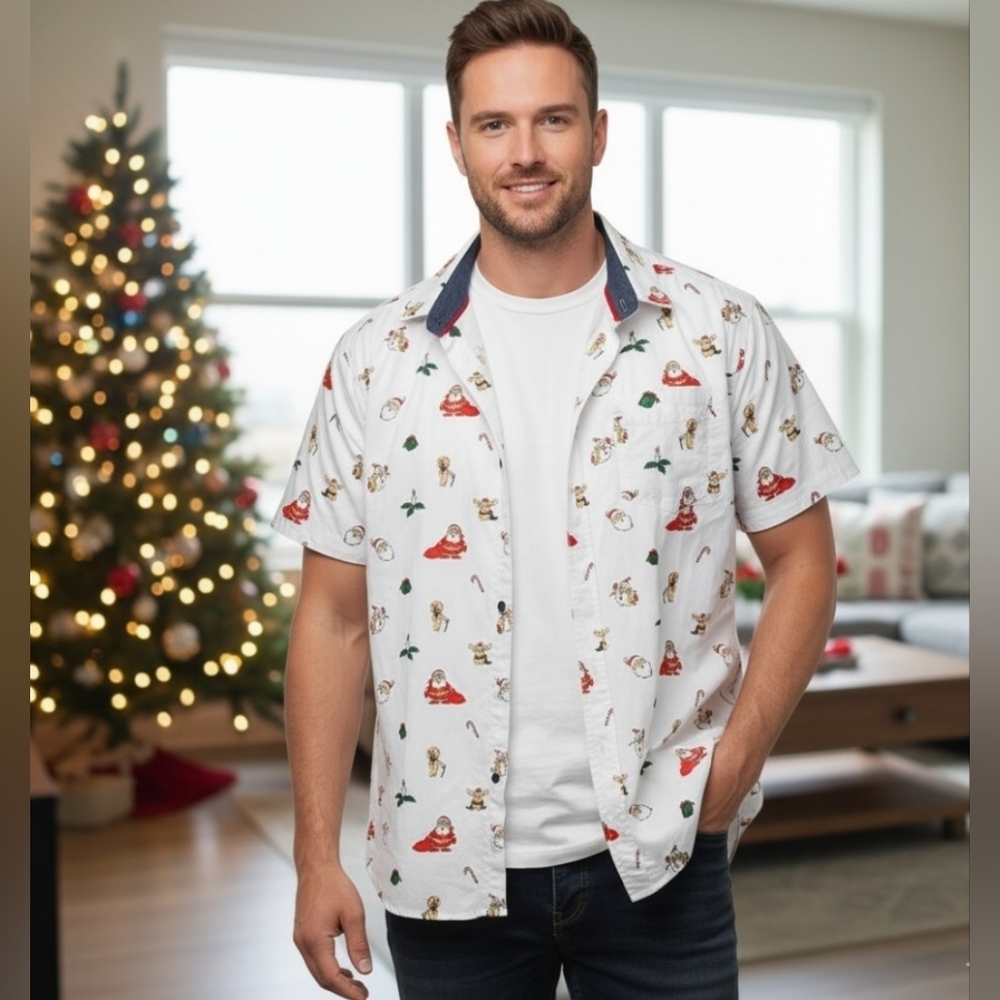 Eighth Avenue Button-Down Christmas Shirt Short‎ Sleeves Size M